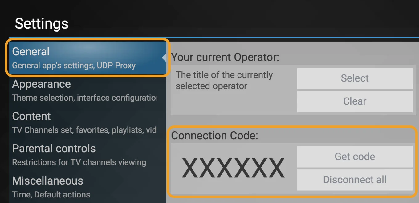 قسم General في إعدادات SS IPTV، وفيه Connection Code وزر Get code