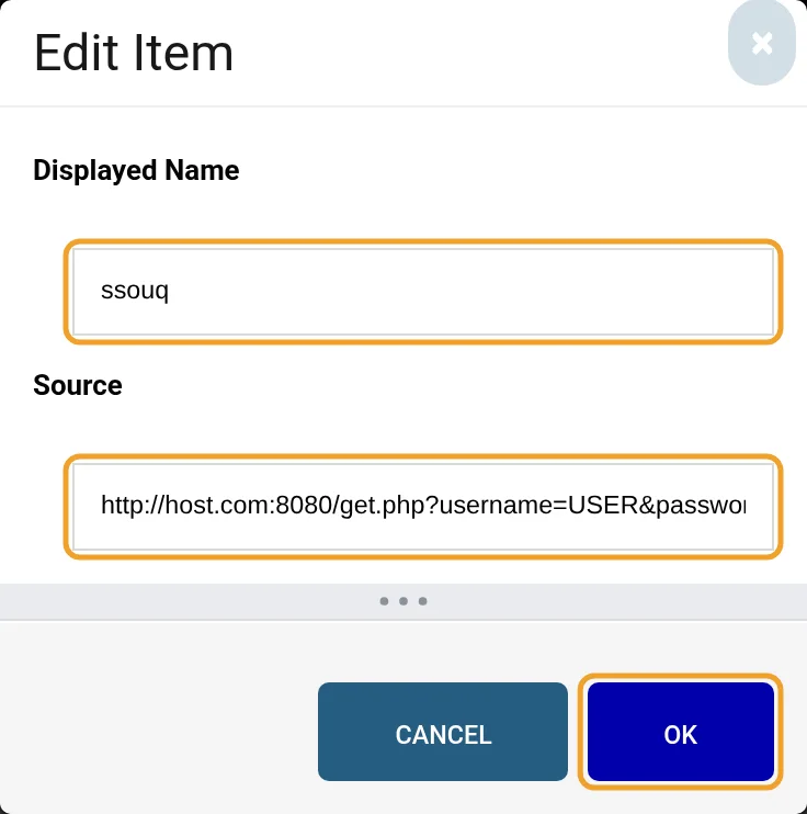 نافذة Edit Item: خانة Displayed Name وخانة Source، ثم زر OK